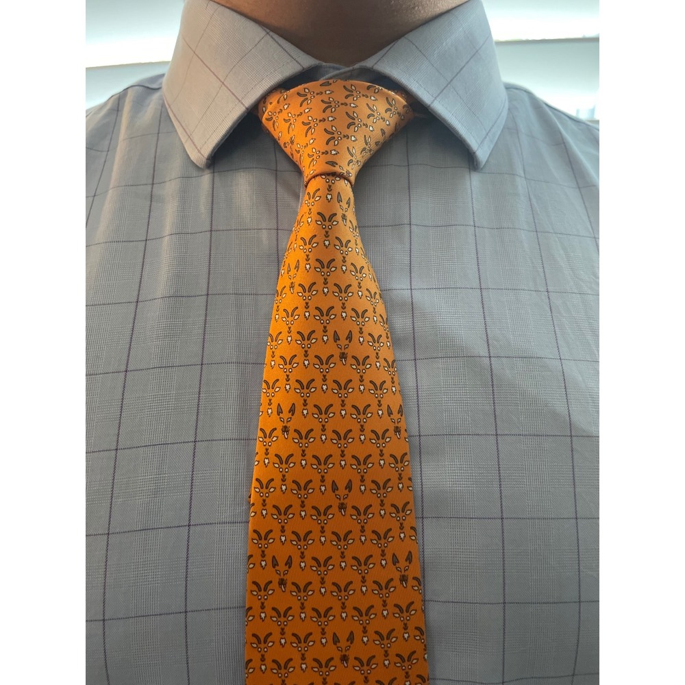 Hermes Paris Silk Tie Orange Goat Ibex Animal Print Whimsical Classic Width
